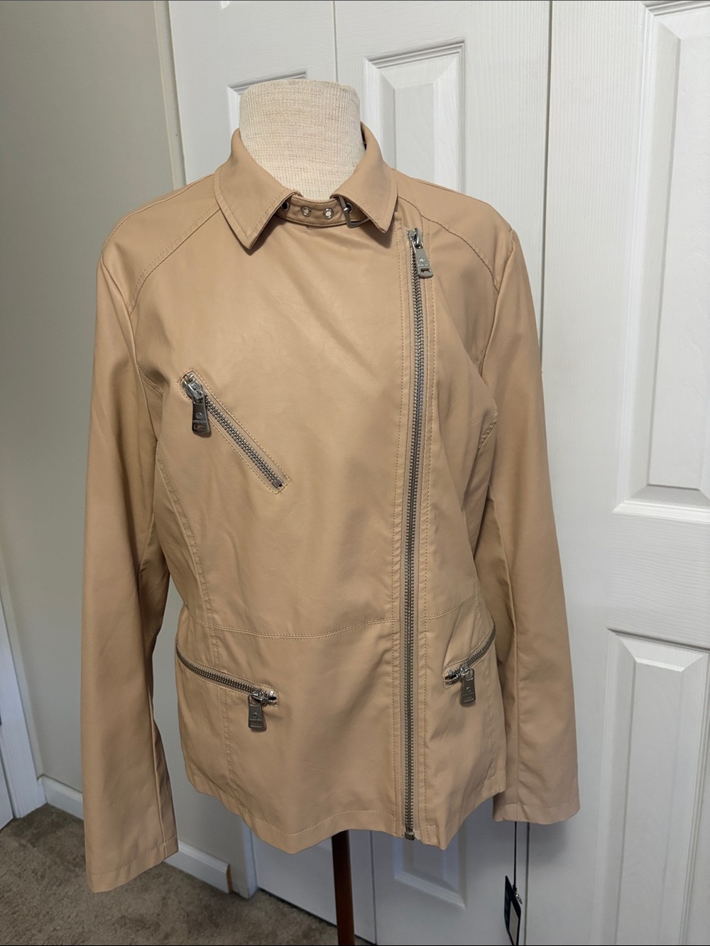 Bernardo Nude Faux Leather Moto Jacket with Asymmetrical Zip Closure Size Large